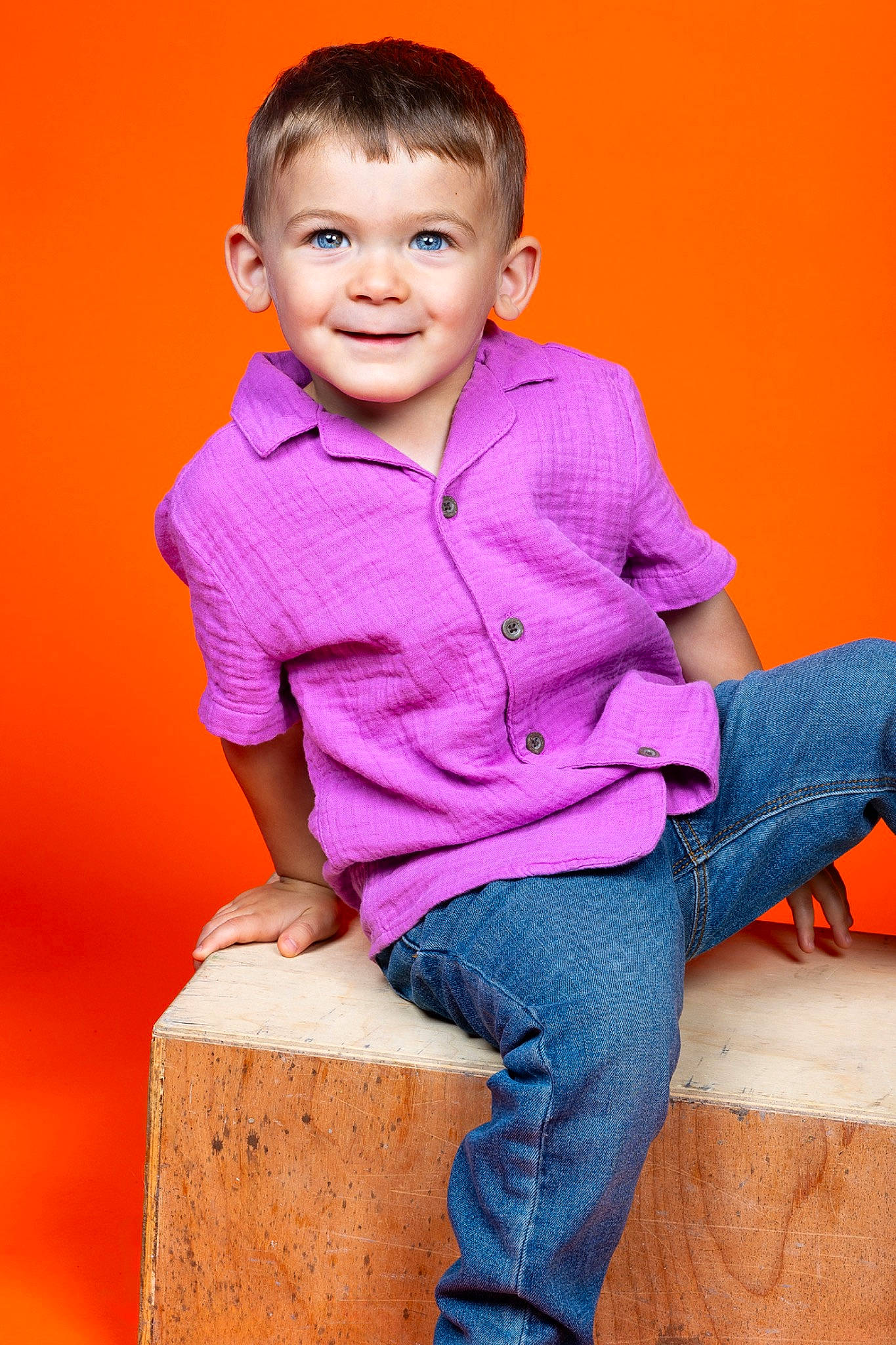 Kolton joined the competition — help win amazing prizes! baby_toddler_clothing, cheek, child, clothing, denim, electric_blue, flash_photography, fun, happy, jeans, joy, leisure, magenta, person, pink, portrait_photography, purple, sitting, sleeve, smile