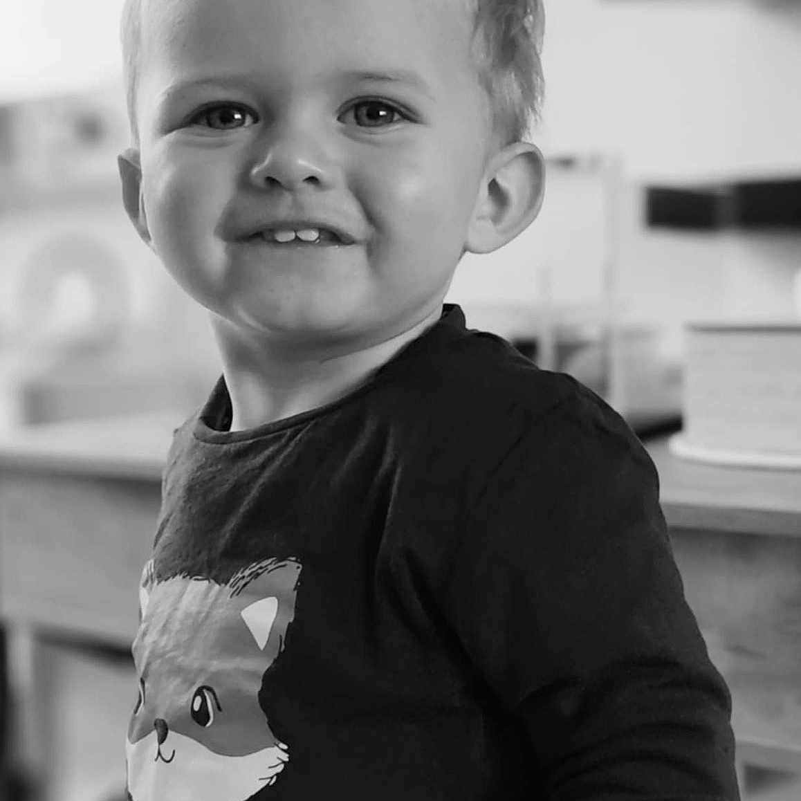 Augustus a rejoint le concours — aidez-le/la à gagner de superbes lots ! background, black_and_white, blurred, child, clothing, cute, eyes, face, fox_graphic, furniture, hair, happy, indoor, person, portrait, shirt, smiling, standing, toddler, young