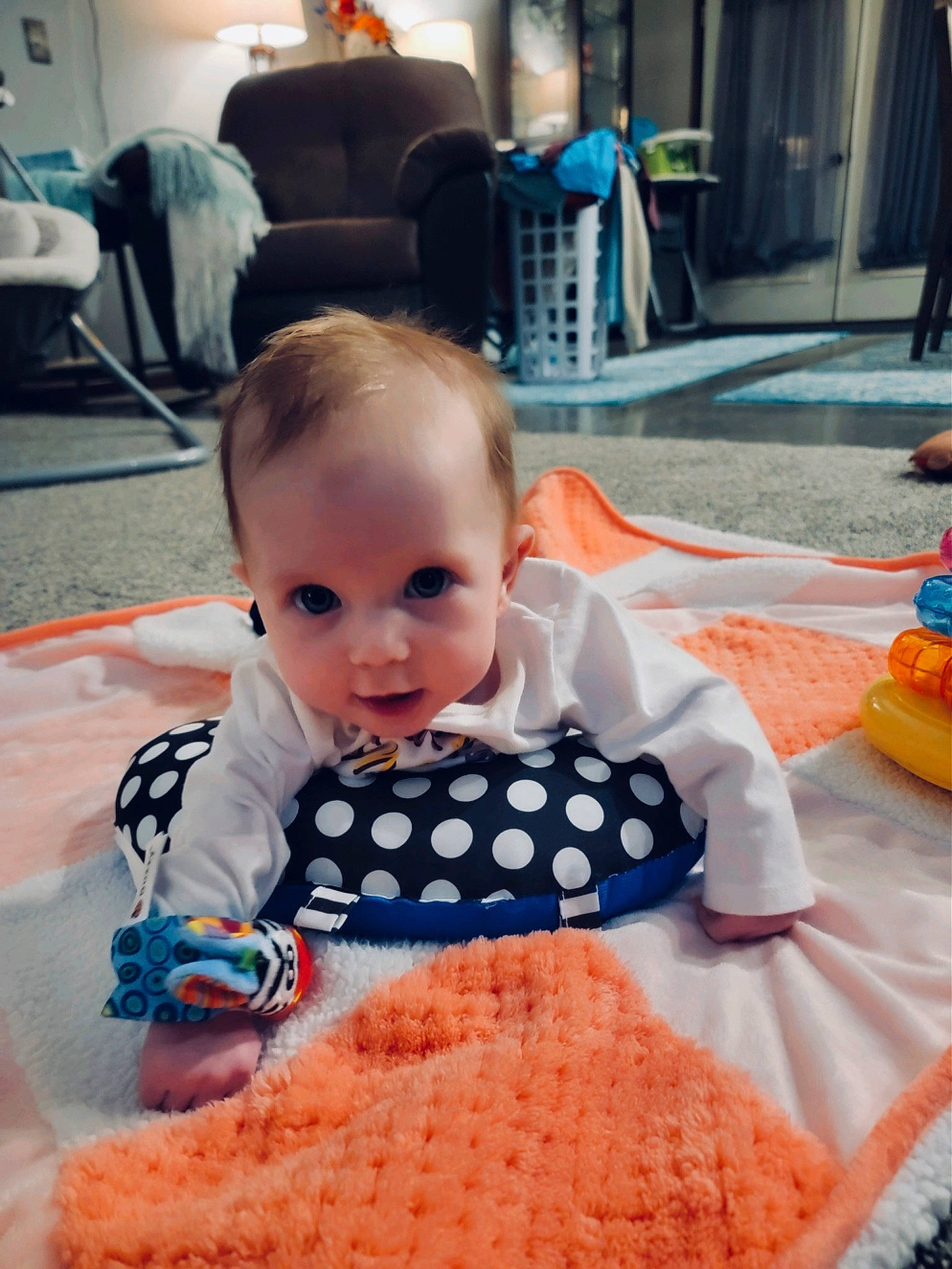 Everly joined the competition — help win amazing prizes! baby, baby_products, baby_toddler_clothing, beauty, chair, child, flooring, fun, hairstyle, happy, head, iris, orange, pattern, people, person, product, sitting, skin, sleeve