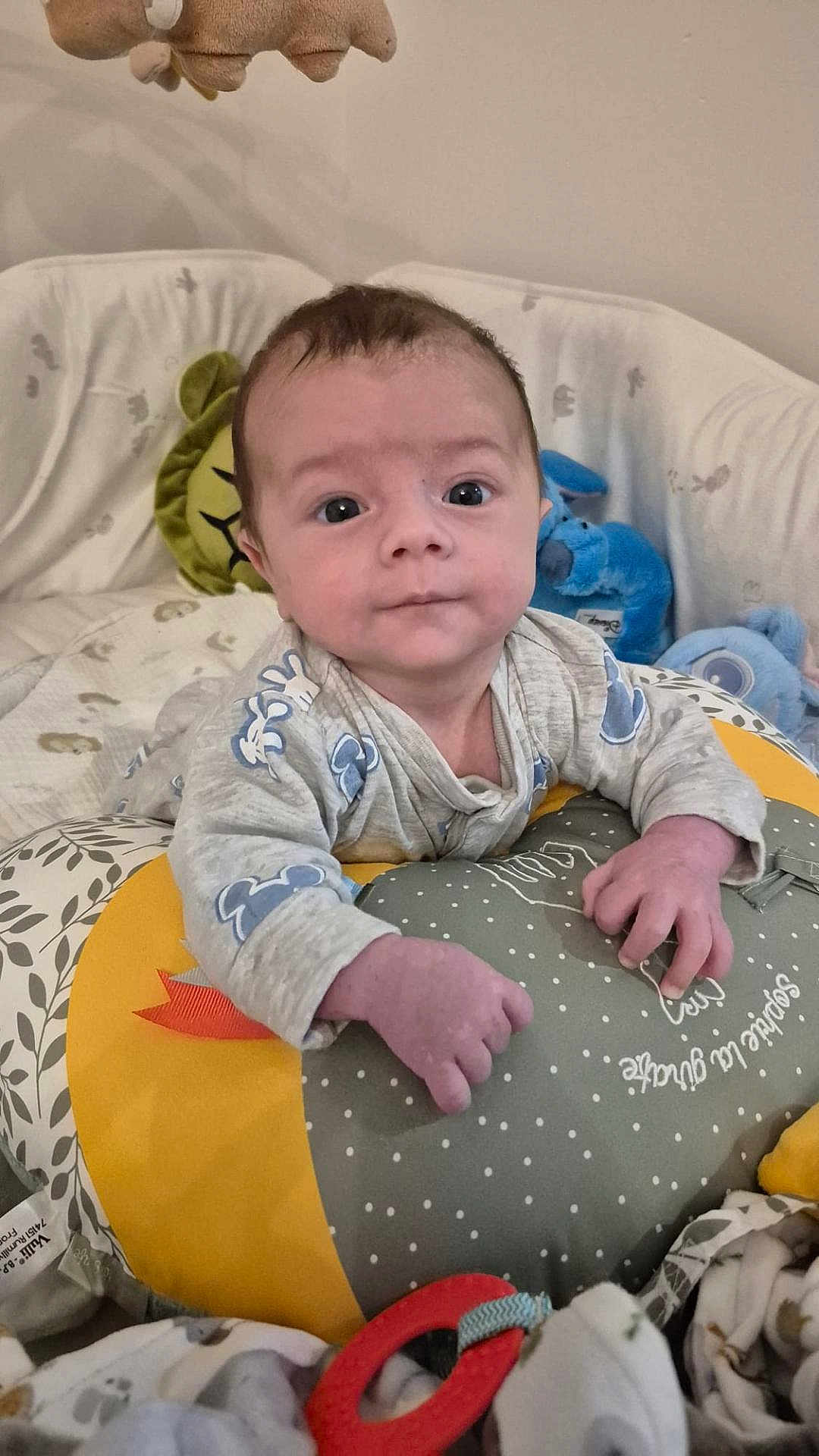 Tyano participe au concours pour gagner de l'argent avec cette photo : baby, infant, cushion, soft_toys, blanket, indoor, closeup, face, person, child, smiling, clothing, furniture, nursery, cute, baby_girl, baby_boy, play_area, comfort, rest