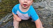 Reid is registered to the contest to win money with this photo: toddler, child, water, stream, rocks, blue_shirt, sitting, outdoor, nature, curious, baby, play, exploring, wet, face, hands, legs, reflection, river, summer