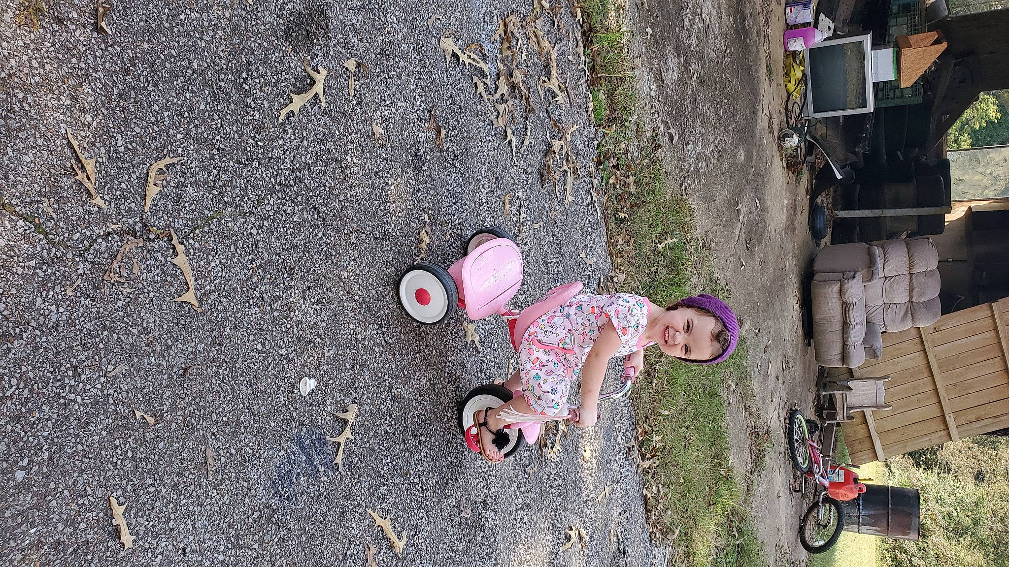 Alison joined the competition — help win amazing prizes! asphalt, auto_part, baby_toddler_clothing, bench, bicycle_tire, bicycle_wheel, concrete, headwear, joy, person, road_surface, tar, toy, yard