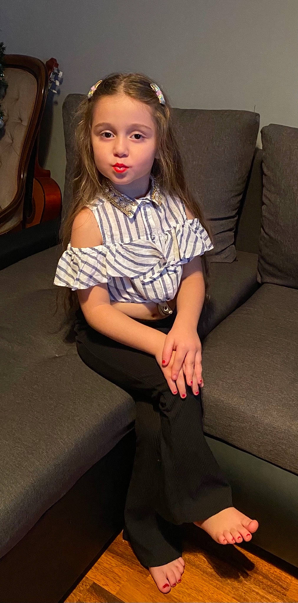 Sharlot joined the competition — help win amazing prizes! black, black_hair, chin, comfort, couch, eye, fashion_design, flash_photography, hair, hairstyle, head, joint, knee, lip, musical_instrument, person, shoulder, skin, sleeve, thigh