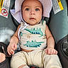 baby, child, infant, car_seat, hat, sunhat, dinosaur_print, tank_top, cream_pants, socks, hands, face, eyes, cute, indoors, seatbelt, clothing, portrait, baby_clothing, car_interior