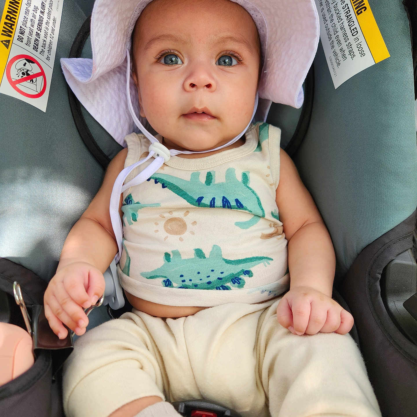 Levi joined the competition — help win amazing prizes! baby, child, infant, car_seat, hat, sunhat, dinosaur_print, tank_top, cream_pants, socks, hands, face, eyes, cute, indoors, seatbelt, clothing, portrait, baby_clothing, car_interior