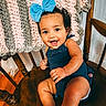 baby, baby_clothing, barefoot, blanket, bow, cheerful, child, furniture, hair_bow, happy, home, indoor, infant, knitted_blanket, navy_outfit, photography, portrait, sitting, smiling, wooden_chair
