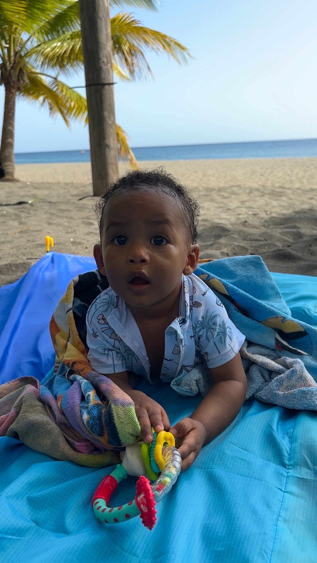 Kaëyson a rejoint le concours — aidez-le/la à gagner de superbes lots ! baby, child, beach, toy, blanket, ocean, palm_tree, sand, tropical, curly_hair, blue, outdoor, infant, clothing, playful, summer, nature, relaxation, portrait, cute