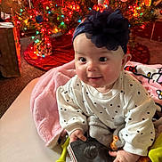 Saivanii joined the competition — help win amazing prizes! baby, infant, polka_dot, headband, flower, blanket, book, toy, christmas_tree, holiday, lights, decorations, carpet, smiling, indoors, child, cute, festive, happy, seasonal