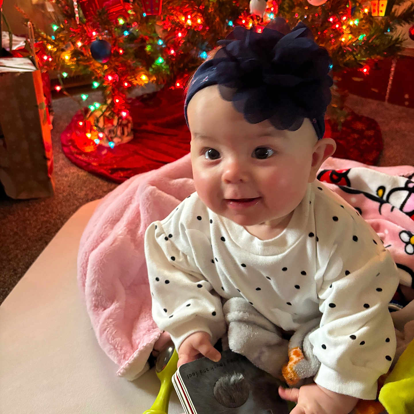 Saivanii joined the competition — help win amazing prizes! baby, blanket, book, carpet, child, christmas_tree, cute, decorations, festive, flower, happy, headband, holiday, indoors, infant, lights, polka_dot, seasonal, smiling, toy