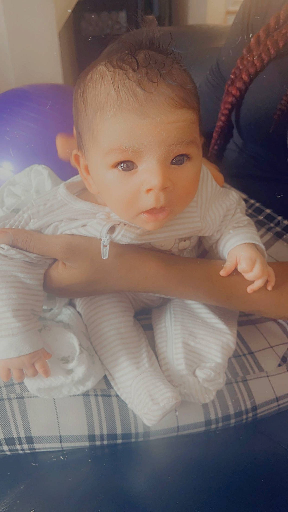 Gabriella joined the competition — help win amazing prizes! baby, baby_toddler_clothing, cheek, child, chin, comfort, eye, eyebrow, finger, iris, lip, mouth, nose, person, product, sitting, skin, sleeve, thumb, toddler