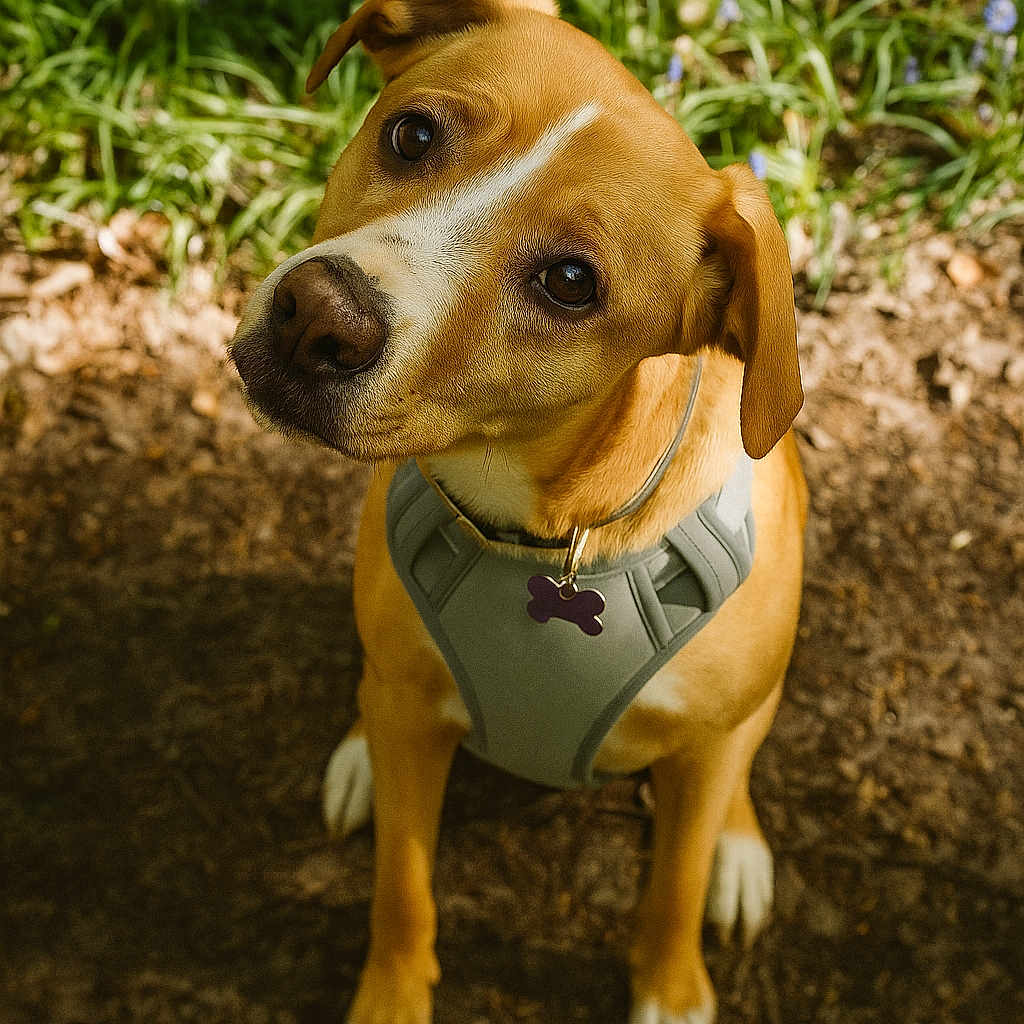 Laurence Pecqueur participe au concours pour gagner de l'argent avec cette photo : animal, brown, canine, closeup, curious, dog, ears, earth, eyes, forest, harness, leaves, nature, outdoor, pet, portrait, sitting, snout, tag, white