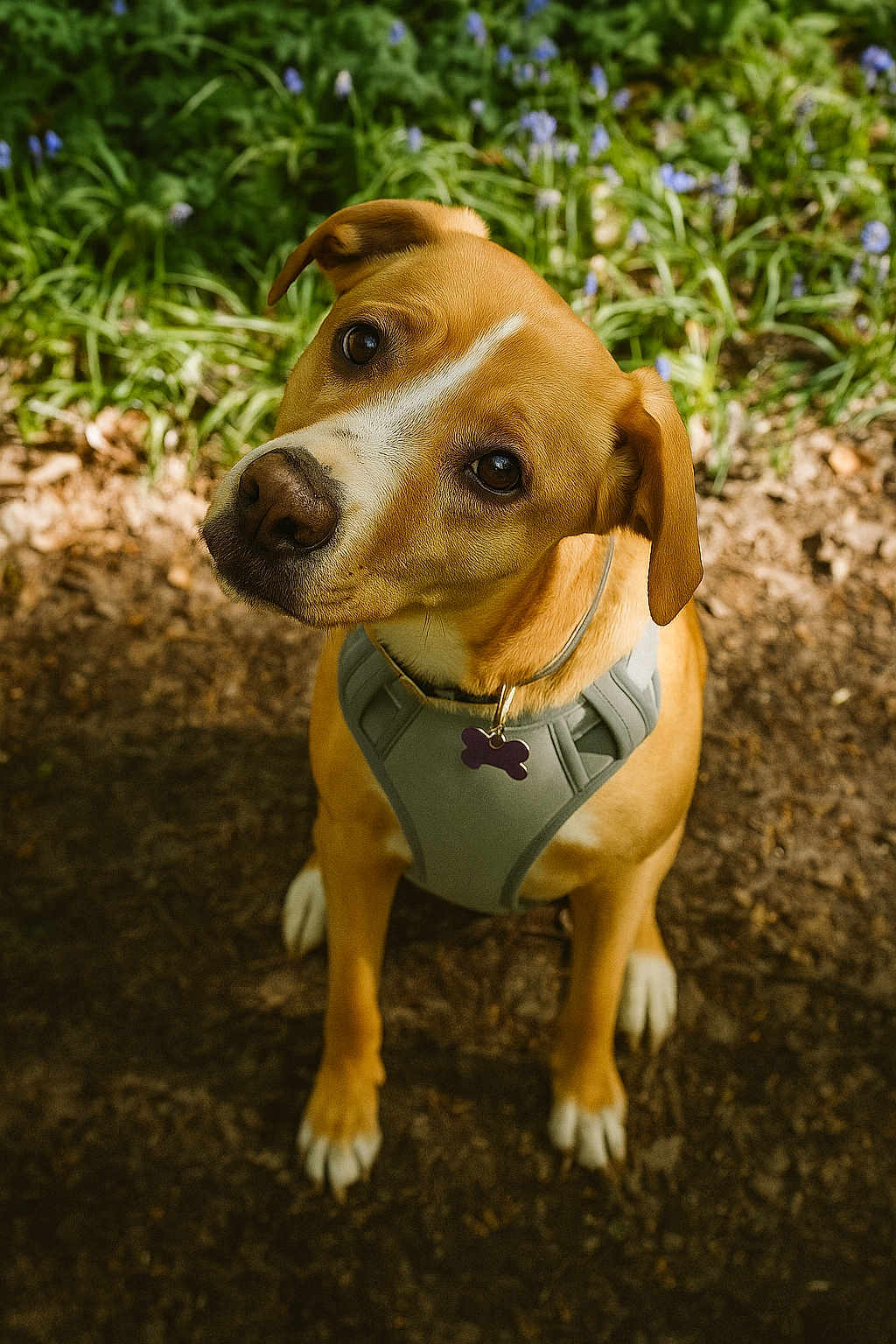 Laurence Pecqueur participe au concours pour gagner de l'argent avec cette photo : dog, pet, animal, canine, outdoor, forest, nature, leaves, earth, harness, tag, brown, white, ears, eyes, snout, sitting, curious, closeup, portrait