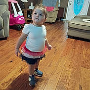 Tyranny joined the competition — help win amazing prizes! toddler, child, living_room, wooden_floor, tutu_skirt, sneakers, toy_car, furniture, window, door, lamp, curious, indoor, person, home, decor, cushion, table, carpet, blanket