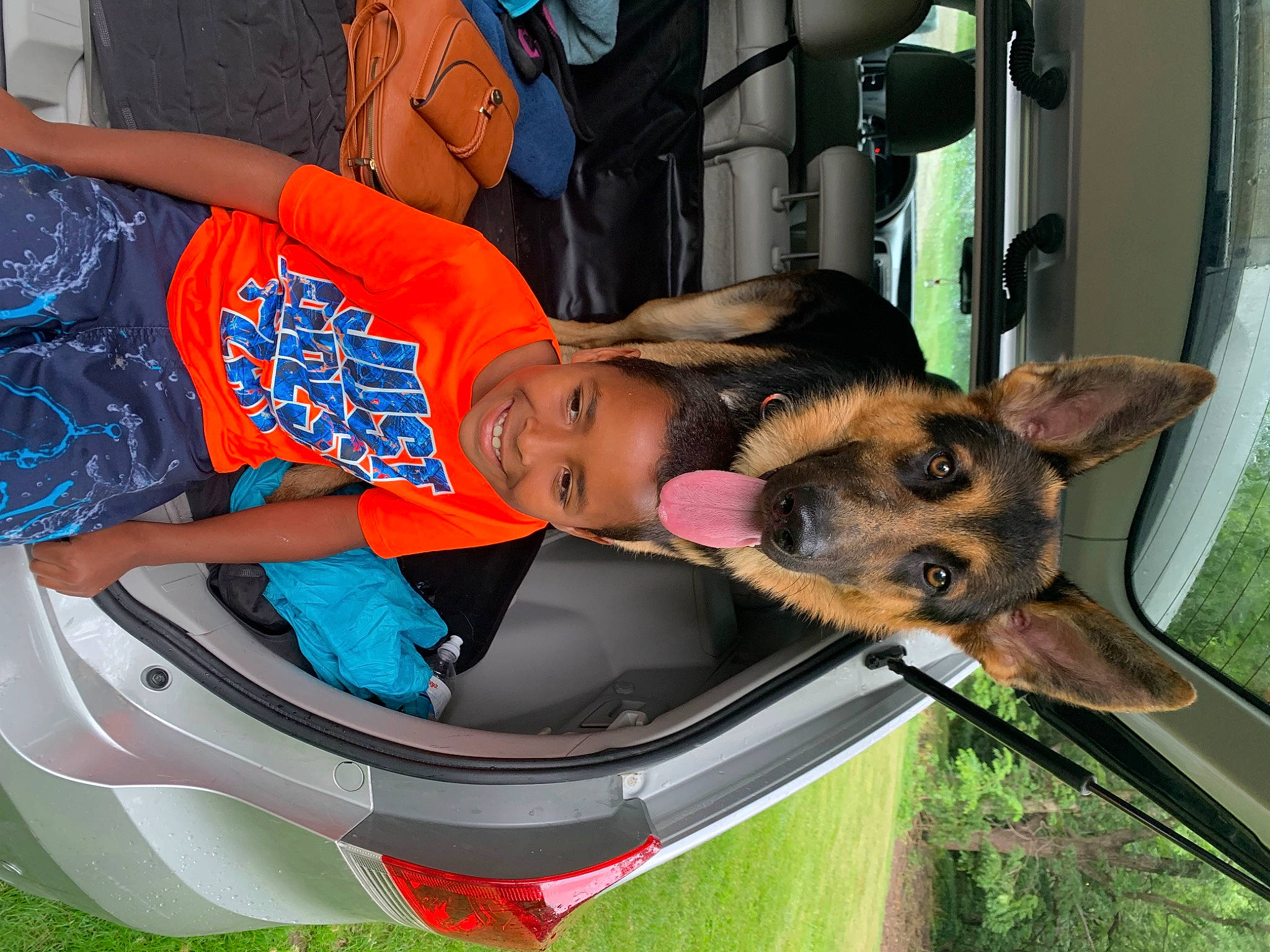 Zeus is registered to the contest to win money with this photo: auto_part, automotive_exterior, bumper, canidae, carnivore, companion_dog, dog, dog_breed, family_car, fun, hood, leisure, motor_vehicle, recreation, smile, sporting_group, trunk, vehicle, vehicle_door, windshield