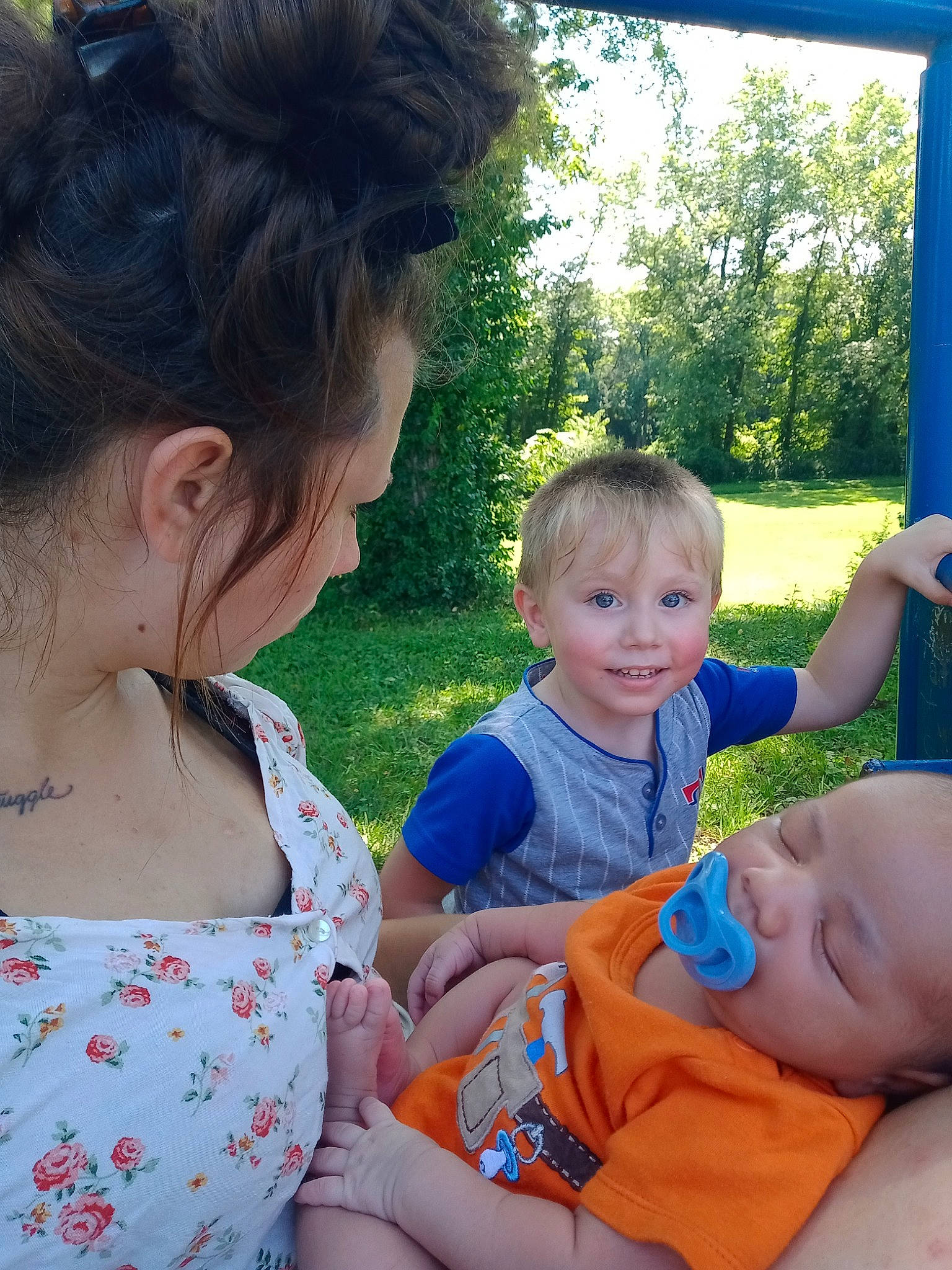 Marshall Ray Mccauley joined the competition — help win amazing prizes! baby, baby_toddler_clothing, blue, facial_expression, finger, fun, grass, hairstyle, happy, interaction, iris, joy, lap, mammal, organ, person, plant, sharing, skin, smile