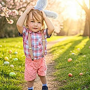 Draxton joined the competition — help win amazing prizes! blossom, bunny_ears, child, cute, daylight, easter_eggs, grass, happy, nature, outdoor, path, portrait, shirt, shoes, shorts, spring, sunlight, suspenders, toddler, tree