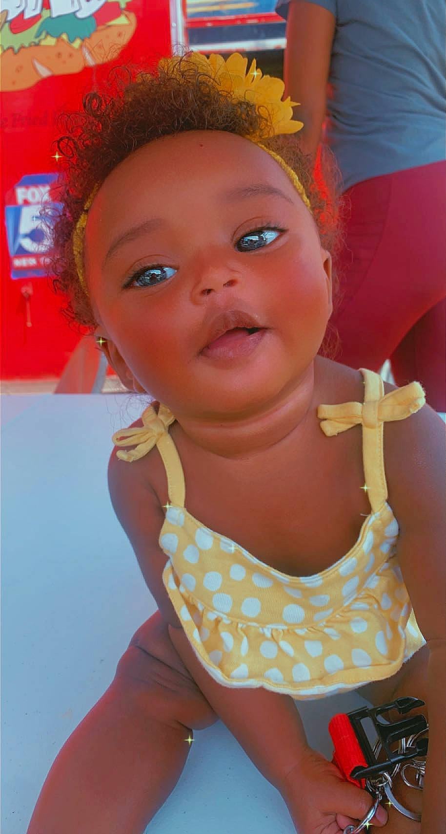 Melani joined the competition — help win amazing prizes! baby, baby_toddler_clothing, cheek, child, fun, hairstyle, happy, head, leisure, lip, mouth, neck, nose, orange, party_supply, pink, skin, smile, summer, toddler