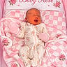 Rose joined the competition — help win amazing prizes! newborn, baby, infant, sleeping, pink, blanket, floral, checkerboard, mittens, onesie, nursery, portrait, lying_down, face, closed_eyes, peaceful, rose, embroidered, baby_bedding, indoor