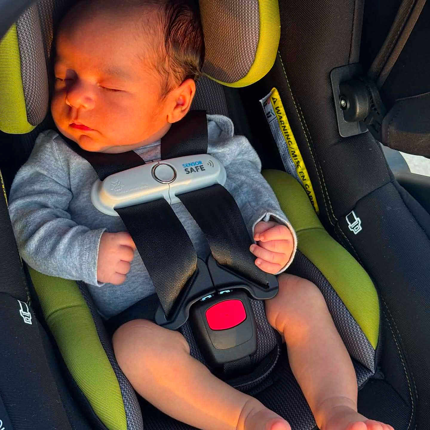Gianluca is registered to the contest to win money with this photo: baby, car_seat, infant, sleeping, harness, sensor_safe, child, seatbelt, sunlight, peaceful, newborn, clothing, fingers, toes, car_interior, safety, resting, head_support, seat, closeup