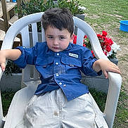 Leonardo is registered to the contest to win money with this photo: child, boy, plastic_chair, blue_shirt, white_pants, outdoor, garden, flowers, greenery, wooden_stairs, casual, sitting, portrait, dirt, relaxed, young, daylight, nature, grass, plants