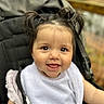 baby, bib, child, clothing, cute, eyes, face, hair, happy, infant, mouth, outdoor, person, pigtails, portrait, seat, skin, smiling, stroller, young_child