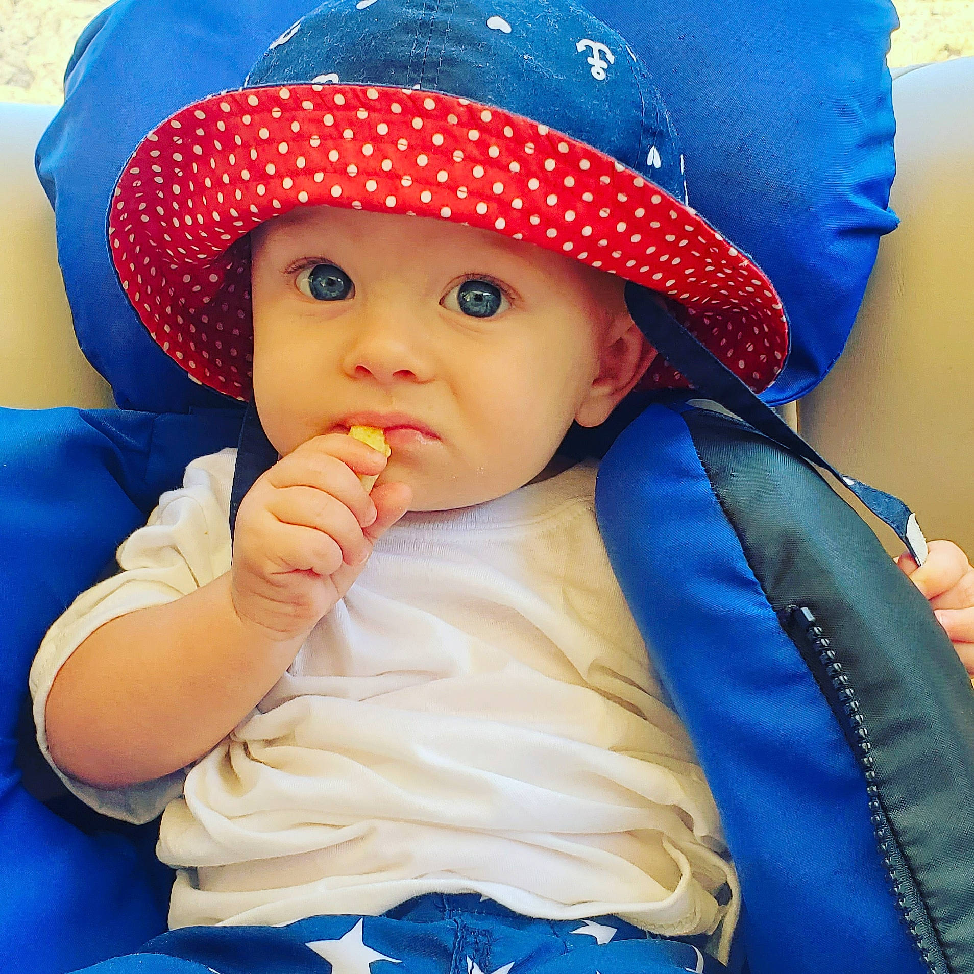Kasen is registered to the contest to win money with this photo: baby, baby_carriage, baby_toddler_clothing, blue, cap, chin, cool, costume_hat, electric_blue, happy, hat, headgear, headwear, lip, organ, person, product, skin, sun_hat, toddler