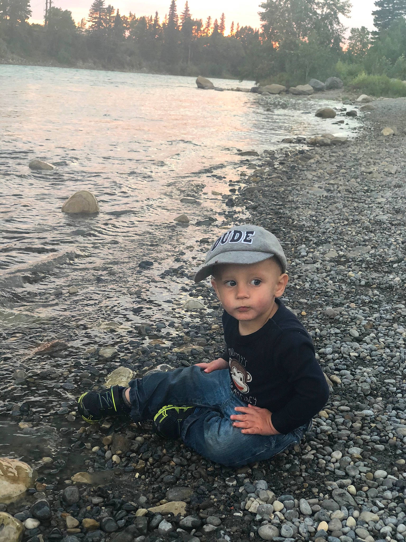 Zackery joined the competition — help win amazing prizes! bank, child, coast, headwear, person, play, recreation, river, rock, shore, toddler, vacation, water