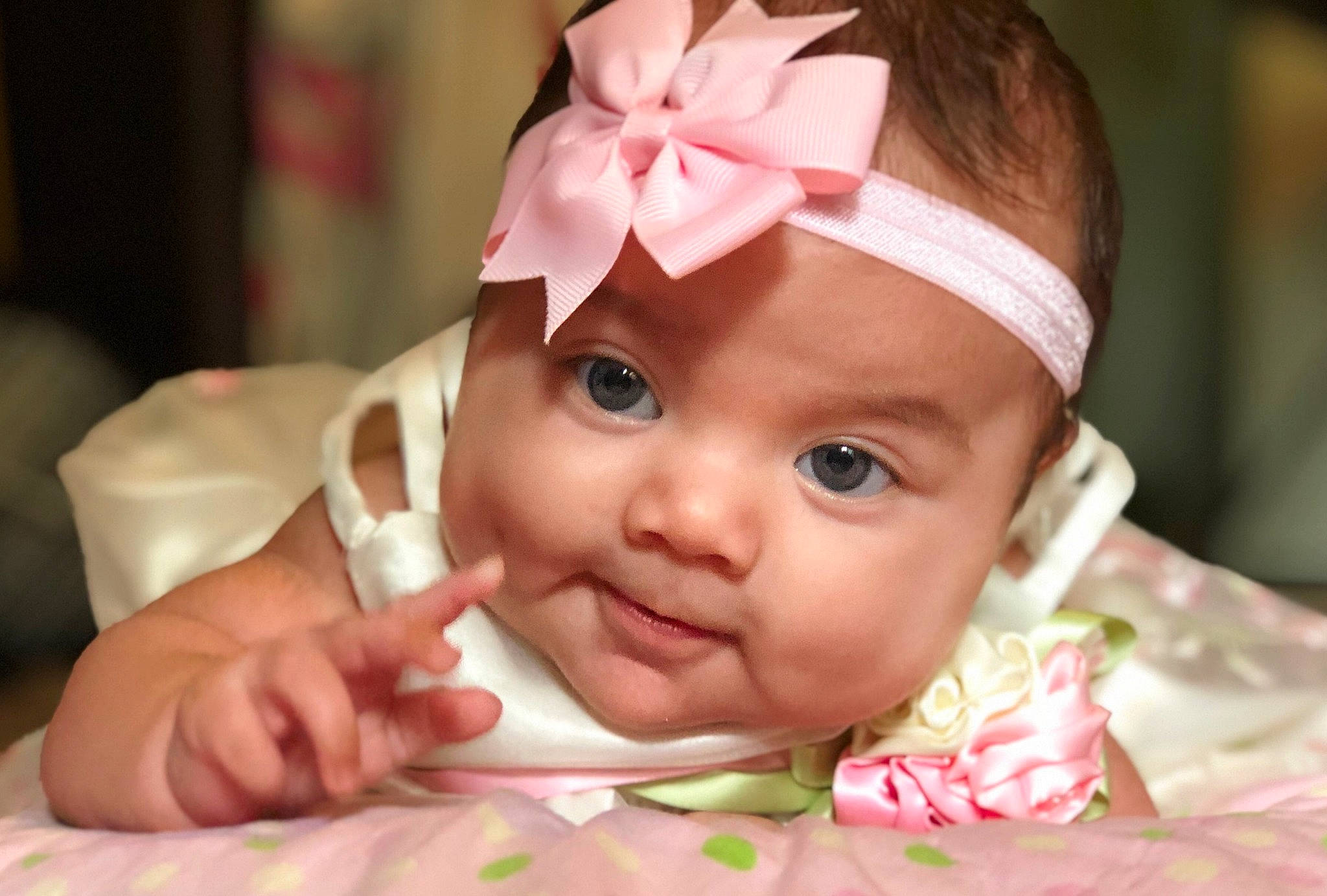 Rosabella joined the competition — help win amazing prizes! baby, cheek, child, eye, face, fashion_accessory, finger, forehead, hair_accessory, hand, head, headband, headgear, headwear, lip, mouth, nose, person, pink, skin