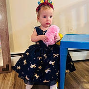 Rose joined the competition — help win amazing prizes! toddler, child, birthday, headband, dress, unicorn, toy, pink, blue_table, wooden_floor, indoor, person, cute, celebration, footwear, socks, floor, wall, furniture, young_child