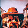 Simba a rejoint le concours — aidez-le/la à gagner de superbes lots ! dog, cowboy_hat, bandana, western, town, guitars, wooden_buildings, pet, animal, portrait, costume, cute, brown_fur, outdoor_scene, vintage_style, canine, adorable, hat, dog_face, wild_west