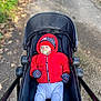 Mârin participe au concours pour gagner de l'argent avec cette photo : baby, stroller, red_jacket, mittens, pacifier, hat, outdoor, path, leaves, curious, child, winter_clothing, black_stroller, walking_path, nature, seasonal, cute, infant, cozy, portrait