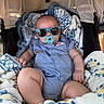 baby, stroller, pacifier, sunglasses, blanket, infant, child, clothing, blue, pattern, cute, relaxing, outdoor, person, young, comfort, seat, legs, head, chill