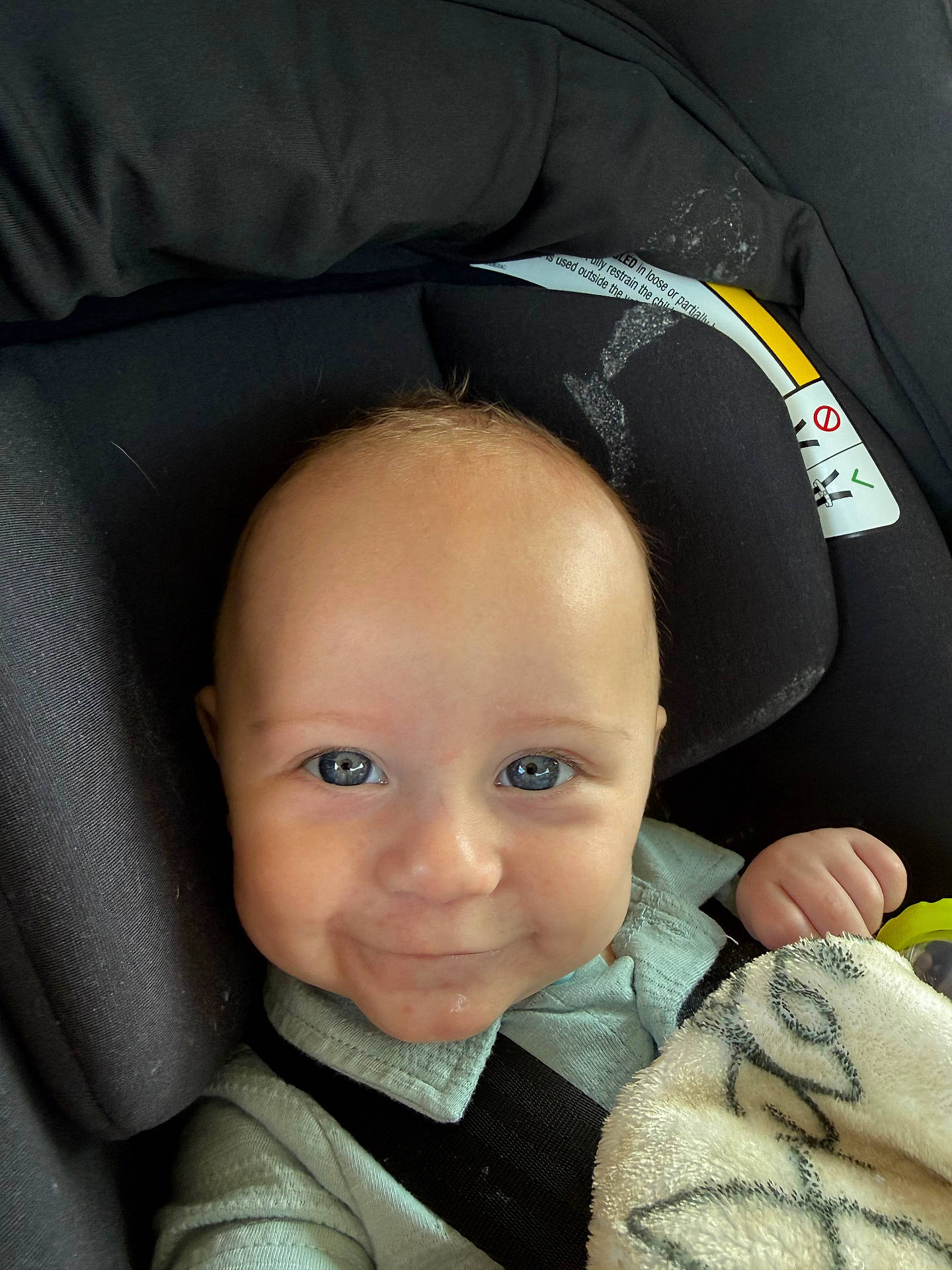 baby, blanket, blue_eyes, car_seat, child, clothing, comfort, cute, expression, face, happy, head, indoors, infant, person, portrait, seatbelt, skin, smiling, young