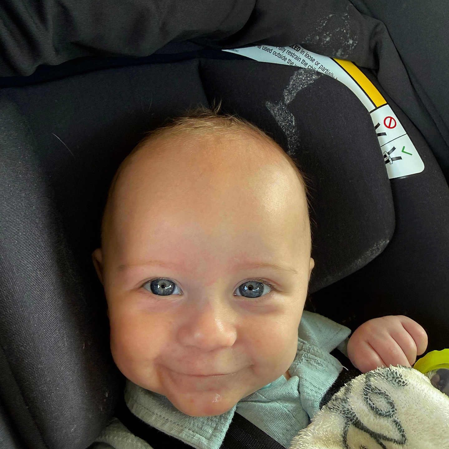 Axton is registered to the contest to win money with this photo: baby, infant, smiling, face, blue_eyes, car_seat, blanket, clothing, child, portrait, cute, happy, young, seatbelt, indoors, person, head, skin, expression, comfort