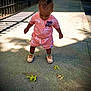 bear, child, clothing, concrete, curious, daylight, fence, green_socks, hair, leaves, outdoor, person, shadow, shoes, shorts, sidewalk, standing, sunlight, toddler, tshirt