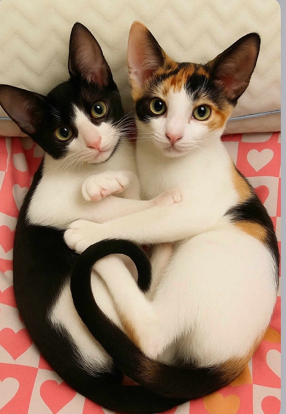 Daisy Otis joined the competition — help win amazing prizes! kitten, cat, pets, cute, cuddling, heart_pattern, bed, fur, whiskers, eyes, tail, black_and_white, calico, indoor, animal, adorable, resting, close_up, young, friendship