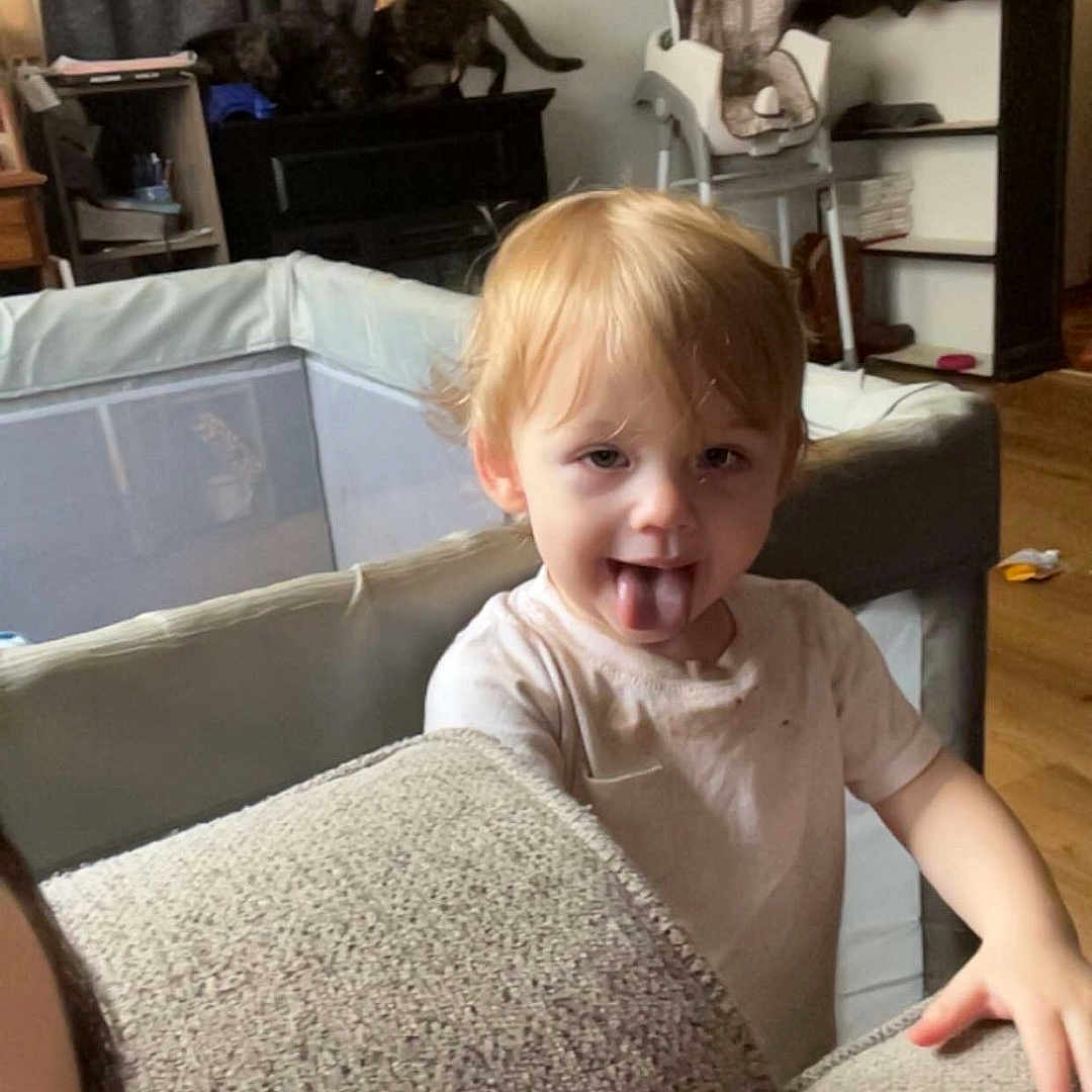 Jt Matthew joined the competition — help win amazing prizes! blond_hair, books, casual_clothing, cat, child, couch, curtains, furniture, high_chair, home, indoor, living_room, person, pets, playful, shelf, smiling, toddler, tongue_out, wood_floor