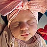 Nara joined the competition — help win amazing prizes! newborn, baby, sleeping, infant, portrait, face, pink, headband, bow, clothing, outfit, indoors, close_up, peaceful, eyes_closed, nose, mouth, skin, photography, candid