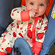 Isla-Jayne joined the competition — help win amazing prizes! baby, infant, blue_eyes, onesie, strawberry_pattern, orange_cuffs, baby_chair, blue_fabric, carpet, hand, foot, cute, child, seated, indoor, soft_lighting, comfort, playful, looking_at_camera, skin