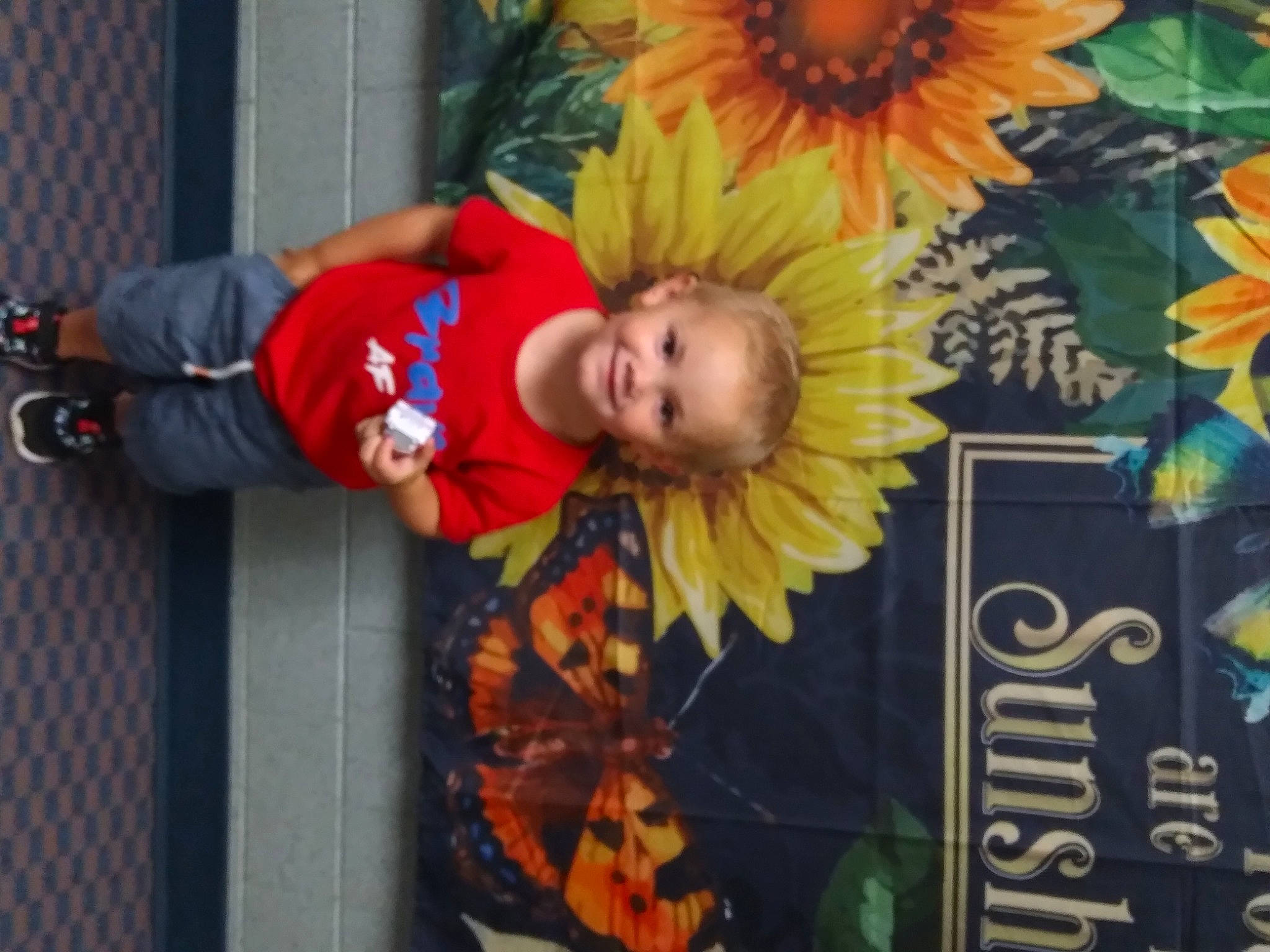 Lyncoln is registered to the contest to win money with this photo: annual_plant, child, event, floral_design, flower, flower_arranging, flowering_plant, fun, happy, joy, leaf, orange, organism, pattern, person, petal, plant, room, sunflower, toddler