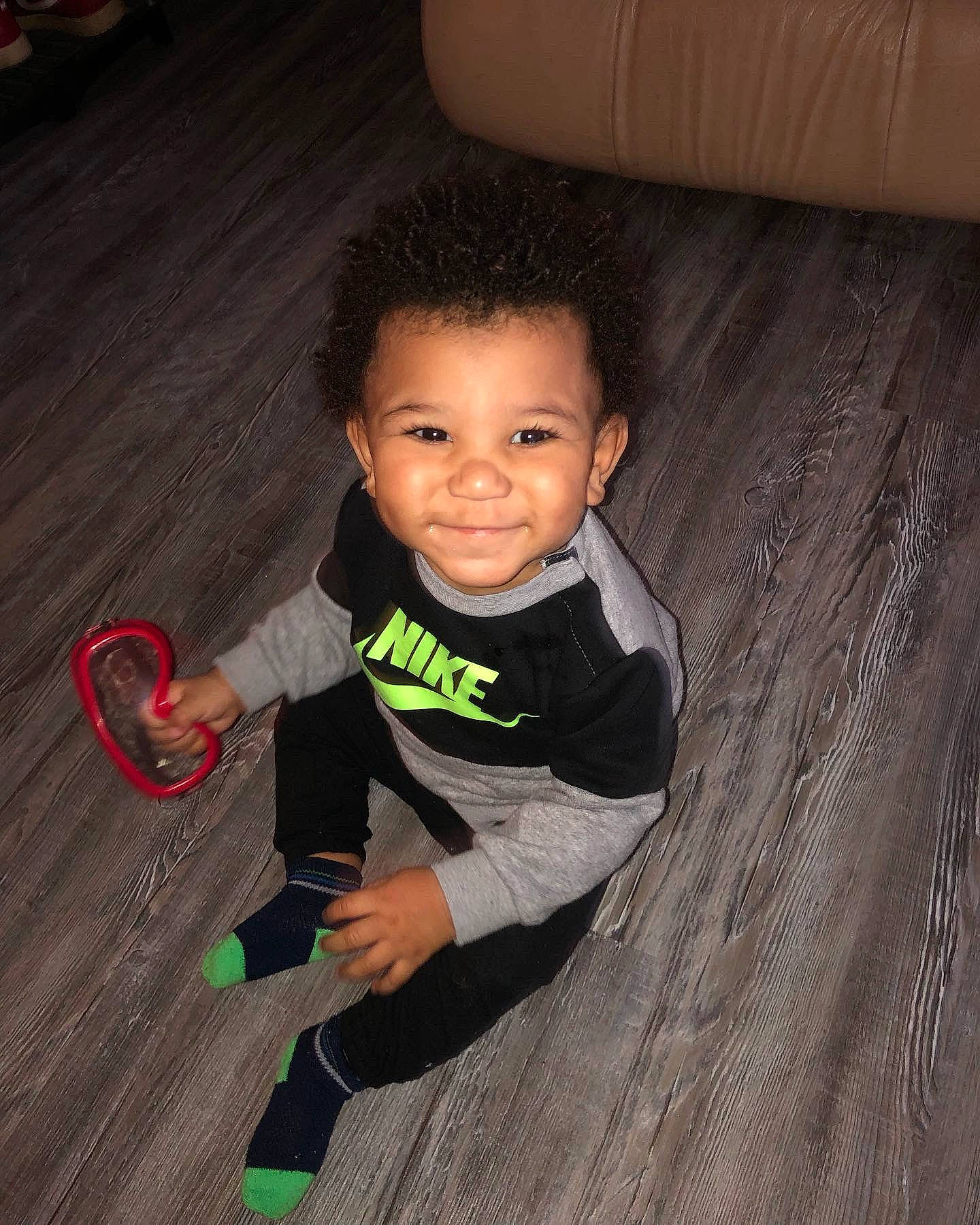 Kyng joined the competition — help win amazing prizes! baby_toddler_clothing, cheek, finger, flash_photography, floor, flooring, fun, grass, happy, hardwood, joy, laminate_flooring, leg, person, skin, smile, t_shirt, toddler, varnish, wood