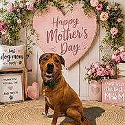 Parker is registered to the contest to win money with this photo: dog, flower_arrangement, heart_shape, pink_flowers, mother's_day, sign, decor, rug, wooden_crate, cushion, vase, indoor, pet, celebration, smiling_dog, collar, pink, thank_you, paw_print, happy