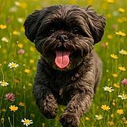 Bruno is registered to the contest to win money with this photo: dog, puppy, running, tongue_out, happy, outdoor, meadow, wildflowers, yellow_flowers, white_flowers, green_grass, cute, fluffy, pet, animal, summer, nature, playful, joyful, closeup