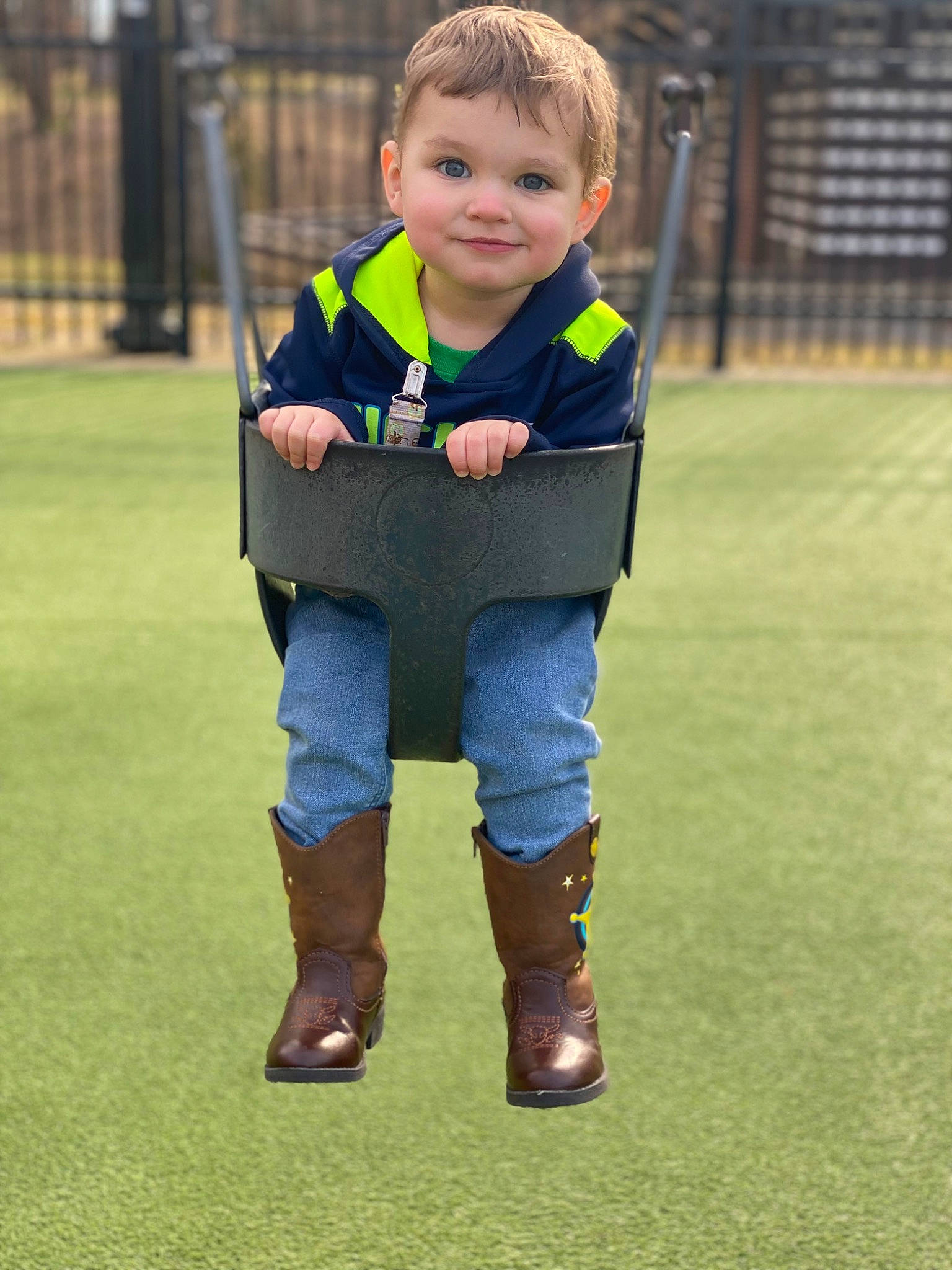Bentley joined the competition — help win amazing prizes! baby, baby_toddler_clothing, child, denim, electric_blue, flooring, footwear, fun, gesture, grass, happy, jacket, joy, leisure, person, recreation, sitting, sleeve, sportswear, t_shirt