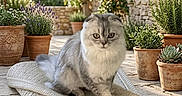 Thomas Enrique is registered to the contest to win money with this photo: cat, fluffy, gray_cat, long_hair, pet, animal, sitting, garden, patio, outdoor, plants, flowers, bougainvillea, lavender, succulents, terracotta_pots, stone_wall, pergola, woven_mat, portrait