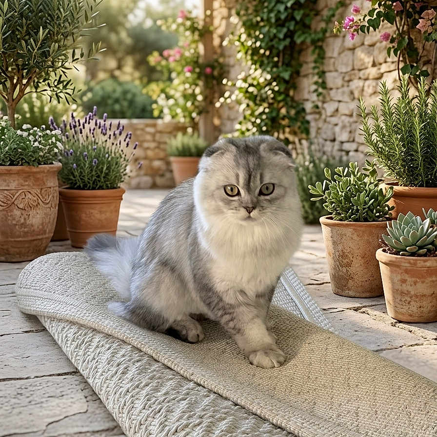 Thomas Enrique is registered to the contest to win money with this photo: cat, fluffy, gray_cat, long_hair, pet, animal, sitting, garden, patio, outdoor, plants, flowers, bougainvillea, lavender, succulents, terracotta_pots, stone_wall, pergola, woven_mat, portrait