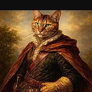 Camélia participe au concours pour gagner de l'argent avec cette photo : animal_portrait, artistic, cat, character, cloak, costume, digital_art, dramatic_sky, feline, forest_background, fur, green_eyes, historical_clothing, medieval, noble, painting, portrait, warrior, website_watermark, whiskers