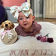 Rosaleigh joined the competition — help win amazing prizes! baby, infant, headband, bow, plush_toy, dog_toy, flower, blanket, 3_months, indoor, curious, child, soft_toy, cute, portrait, floor, home, toddler, pink, clothing