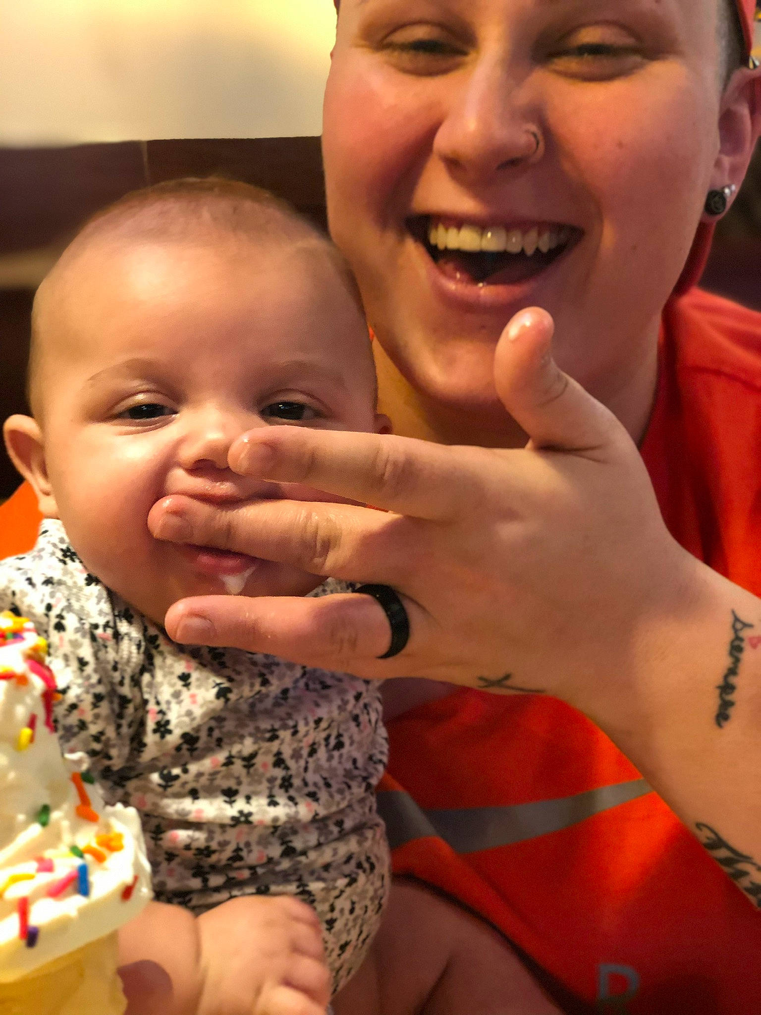 Karsyn is registered to the contest to win money with this photo: cheek, child, face, facial_expression, finger, fun, gesture, hand, happy, head, headwear, joy, laugh, nail, nose, person, skin, smile, thumb, toddler