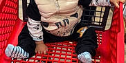 Logan Nonotte a rejoint le concours — aidez-le/la à gagner de superbes lots ! toddler, child, shopping_cart, indoor, vest, socks, hands, floor, wooden_floor, clothing, person, store, grocery_cart, smirk, baby, seat, red_cart, shopping, cute, curious